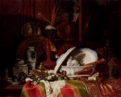 古斯塔夫让雅凯 - Trinquier Antoine Guillaume Still Life With Dishes A Vase A Candlestick And Other Objects
